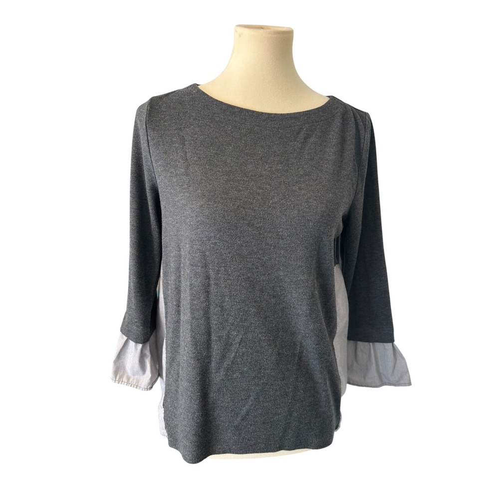 LOFT Gray Mixed Media 3/4 Ruffle Sleeve Pullover Long Sleeve Top. Academia. SZ S